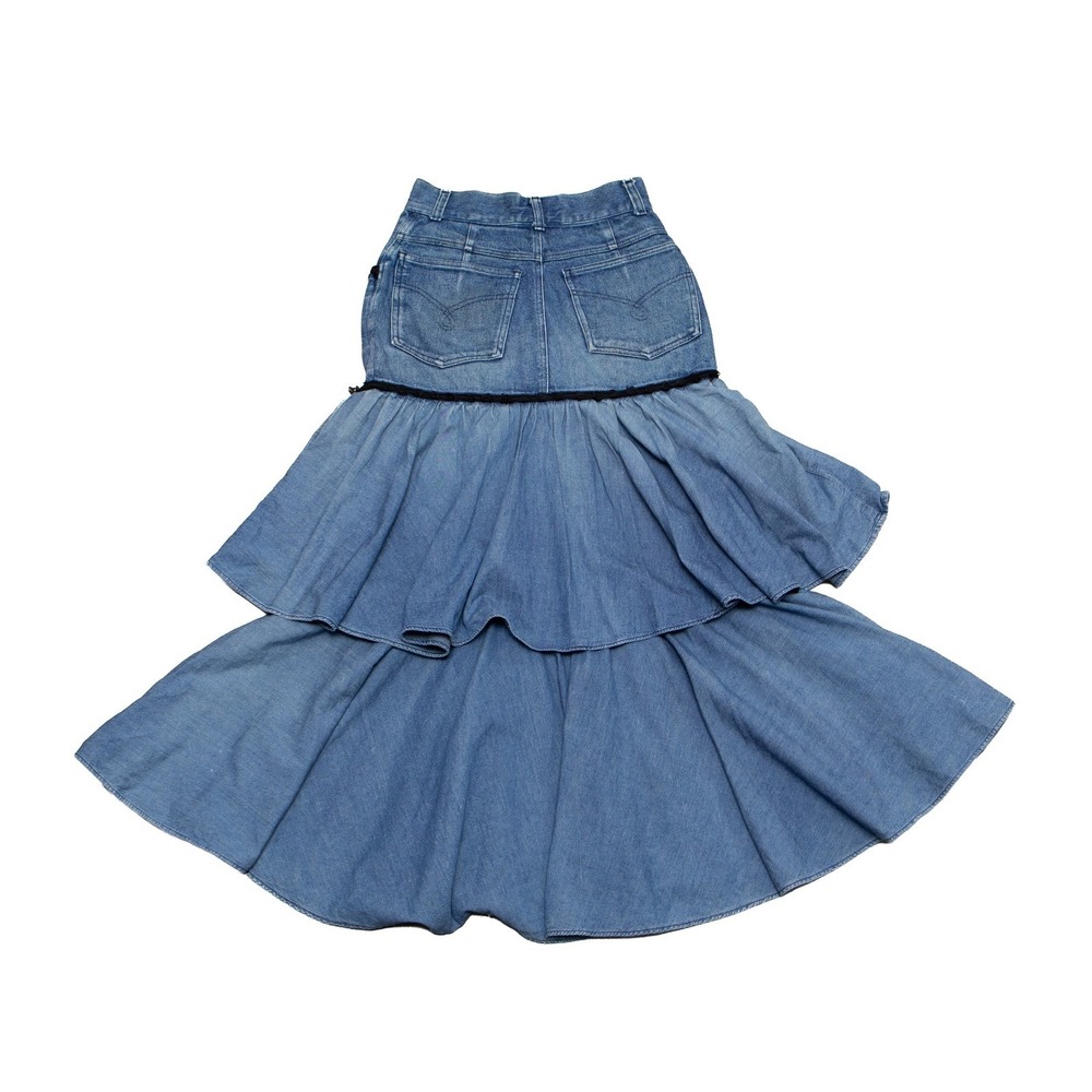 Moschino Vintage Denim Tiered Ruffle Maxi Skirt Blue Black Trim Size 42 - Picture 3 of 8